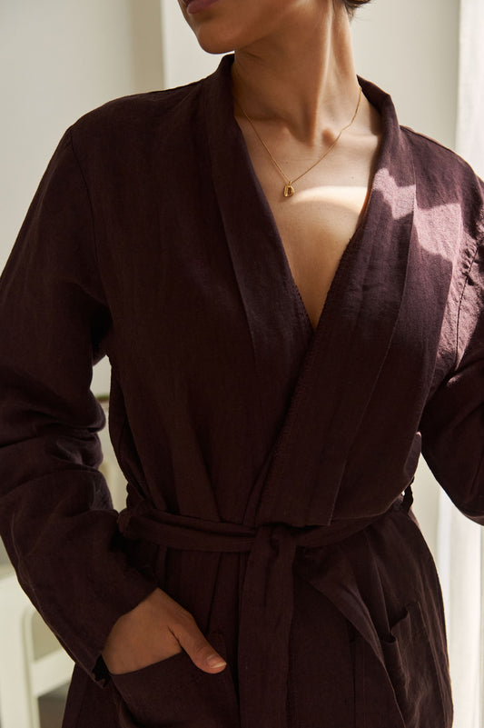 Linen Kimono Robe in Burgundy